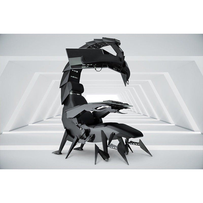 Cluvens Scorpion Gaming Cockpit — dramatic studio shot showing signature scorpion tail design