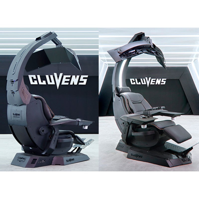 Cluvens Manticore Gaming Cockpit — dual angle showing upright and reclined positions