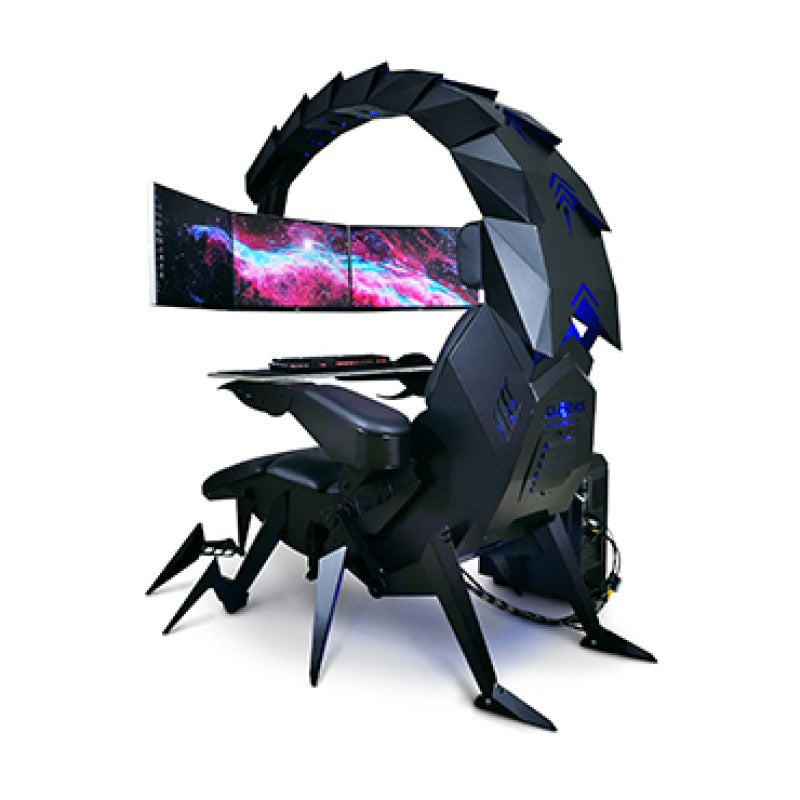Cluvens Scorpion Gaming Cockpit — front view with triple monitors
