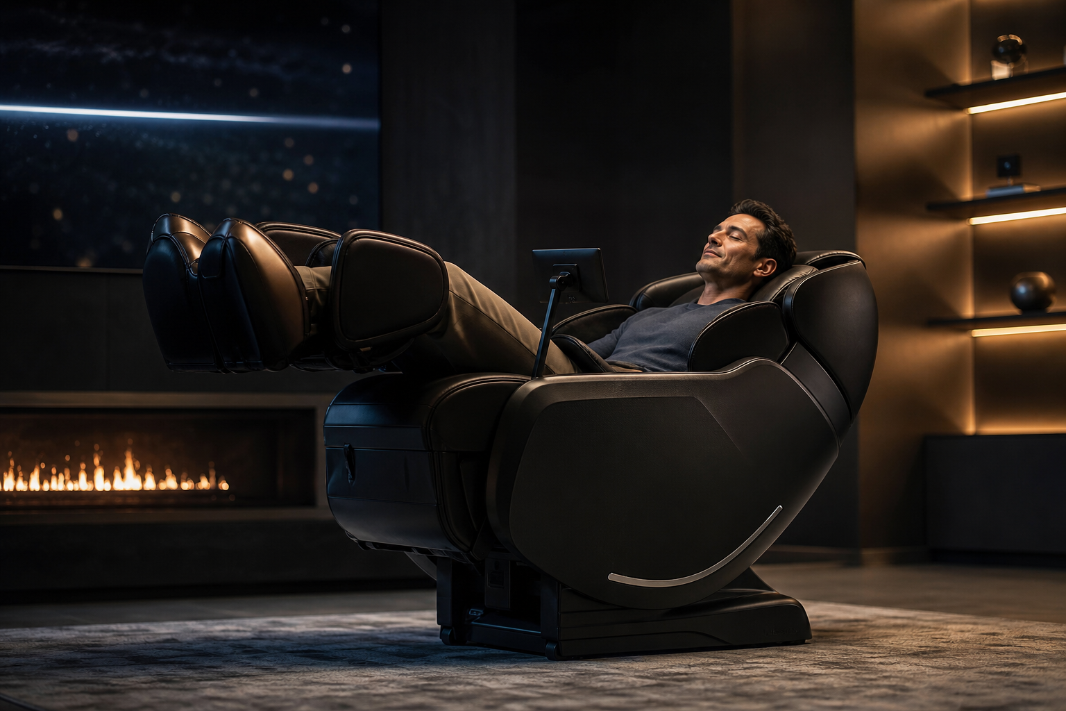 Person relaxing in zero-gravity massage chair in luxury dark room